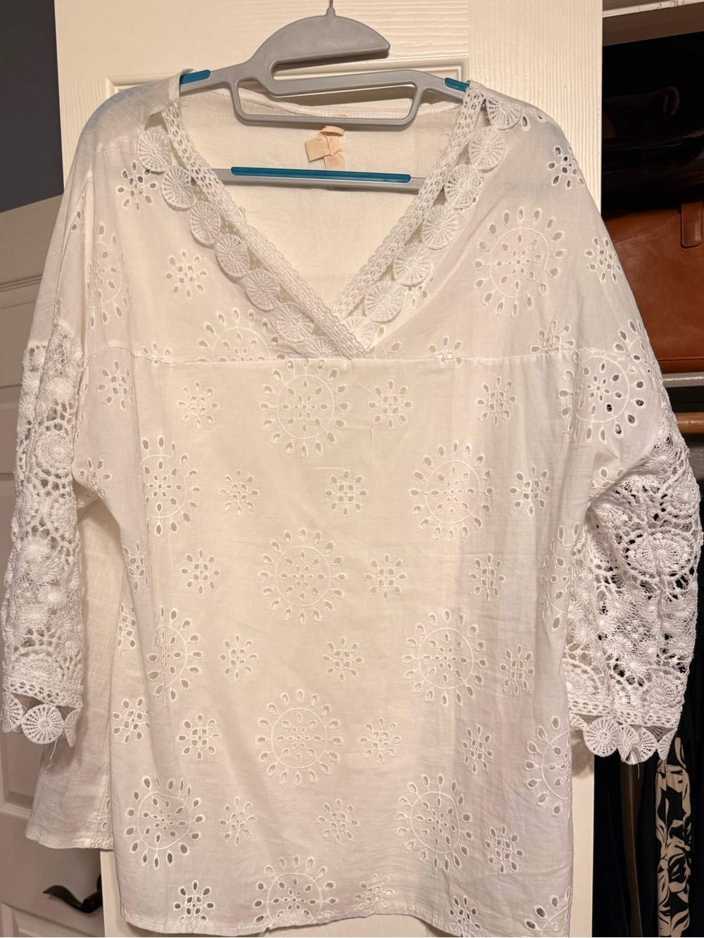 Mazik White Eyelet Crochet Sleeve V-Neck Women's Top